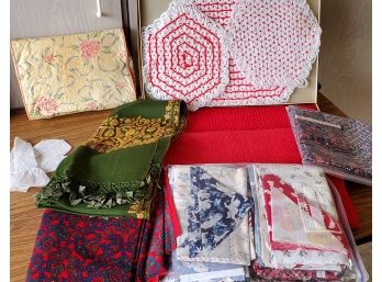 Assorted Placemats, Quilting Material, Green Embroidered Tea Table Cloth And More