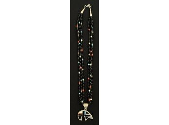 Zuni Sterling Bear Pendent With Multi- Strand Beaded Necklace And Sterling Silver Clasps