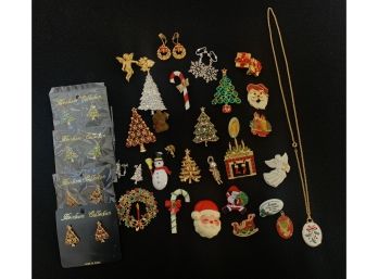 Assorted Lot Of Christmas Jewelry  Including Pins, Earrings And A Necklace