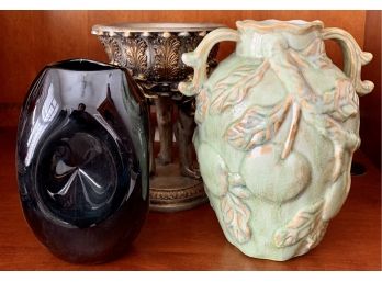 Three Home Decor Vases And Compotes  (resin, Glass, And Ceramic)