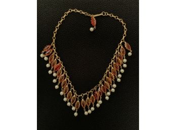 Vintage Faux Pearls And Red Garnet Necklace