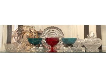 Assorted Colored Glass & Crystal Collection, Pink Depression Etched Handled Plate, Bowls, Candy DIsh & Cruets