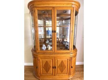 Beautiful Lighted Oak Curved Front China Hutch Wit Diamond Design Wood Inlay