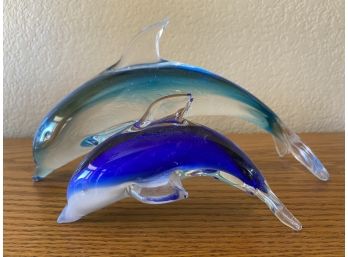 Great Pair Of Blown Glass Dolphins With Teal And Blue Accents