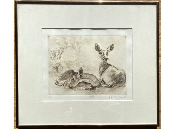 Sandy Scott Limited Edition Etching Titled 'startled' Of Two Deers Relaxing In A Meadow