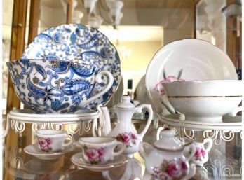 Beautiful Pair Of Lefton China Teacup And Saucers With Decorative Display Stand & Miniature Tea Set
