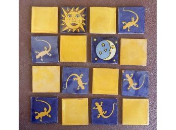 16 Hand Painted And Glazed Mexican Grid Tiles