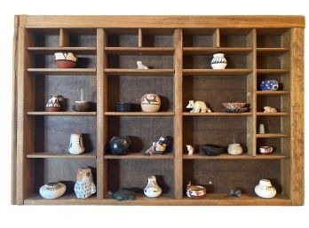 Antique Printing Tray Display Shelf With Native American Pottery Miniatures Including Acoma, Pueblo, And More!