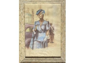 California Artist Edna Onderdonk (b. 1889)  Pastel Self-Portrait Of Candid Street Scene Dated 1940