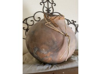 Beautiful Family Heirloom Ancient Pottery Vessel With Leather Strap And Silver Detailing