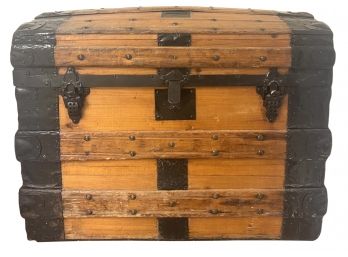Antique Steamer Trunk With Natural Wood And Iron Hinges