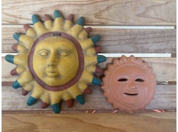 Pair Of Two Clay Sun Faces For Patio Made In Mexico
