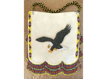 STUNNING Reversible Beaded Native American Suede Bag With Hand Beaded Eagle