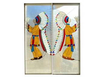 Gorgeous Pair Of Stained Glass Panels Featuring Native American Men Wearing Headress