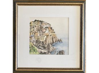 Matted And Framed Watercolor Of Seaside Village