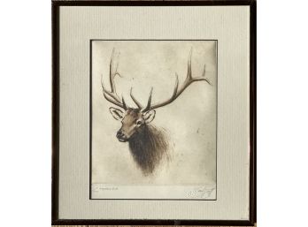 Listed Artist Sandy Scott Limited Edition Etching Titled 'Trophy Elk' Numbered 37/100
