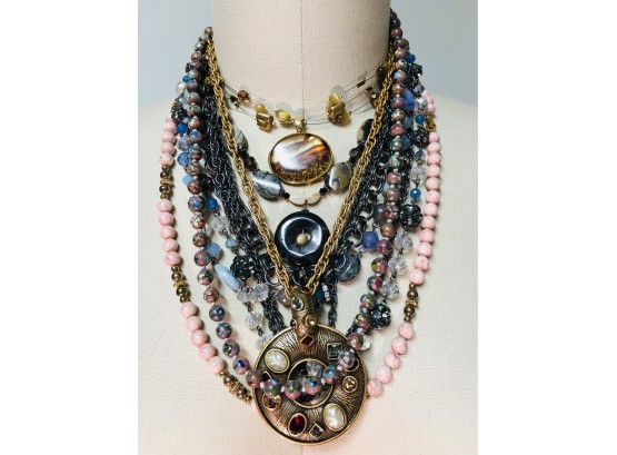 'GLASS AND STONES' -- Jewelry, , Or Beads For Recycling -- Includes Strand Of Cloisonne-style Flowers