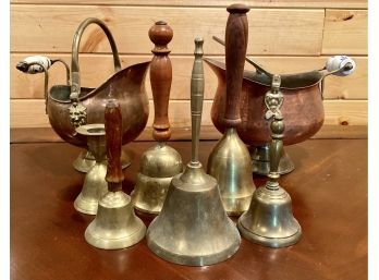 Collection Of Brass And Copper Pitchers And Bells