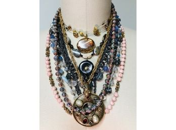'GLASS AND STONES' -- Jewelry, , Or Beads For Recycling -- Includes Strand Of Cloisonne-style Flowers