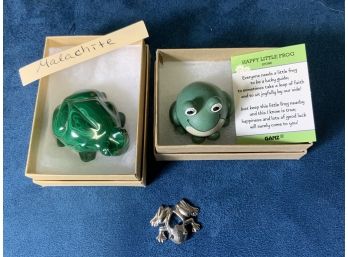 Three Charming Frogs! Malachite, Stone, And Metal