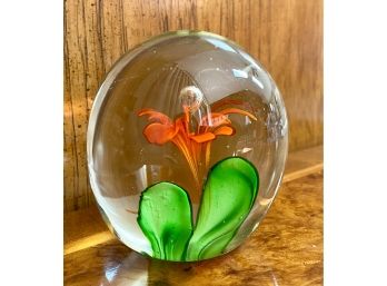 Glass Paperweight With ORANGE FLOWER W/ Controlled Bubbles