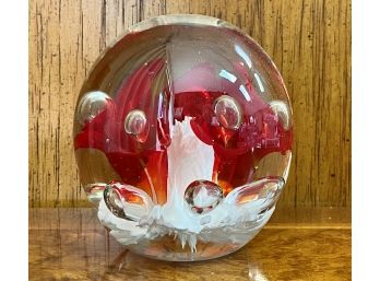 Glass Paperweight With RED FLOWERS W/ Controlled Bubbles