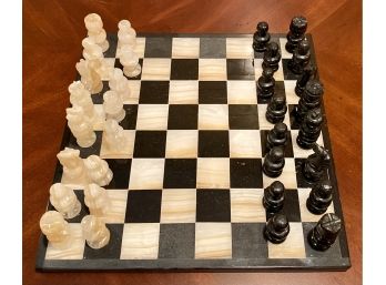 Lovely Stone Chessboard With Carved Stone Pieces - Striated Agate