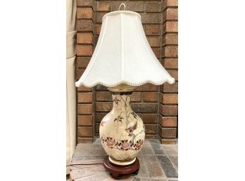 China Lamp With Flowers, Birds, In Foiled Rose Gold Accents On Base