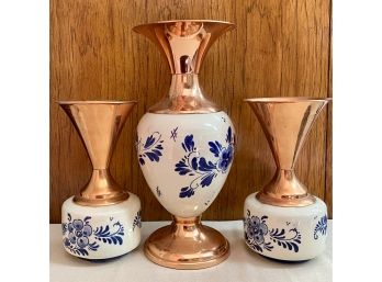 Lot Of 3 Hand Painted Delfts Holland Vases Copper & Porcelain