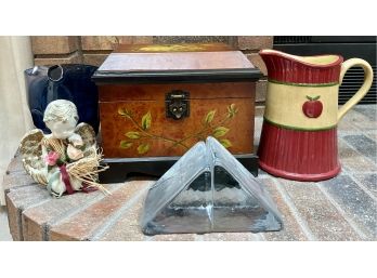 Lot Of Misc. Home Decor Items Including Glass Bookends, Wooden Trincket Box, Two Pitchers, Angel Figurine