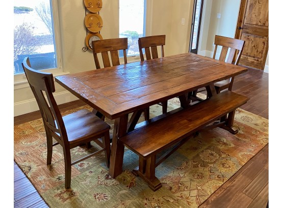 Large Solid Wood Farmhouse Style Dining Table With Bench And 5 Chairs