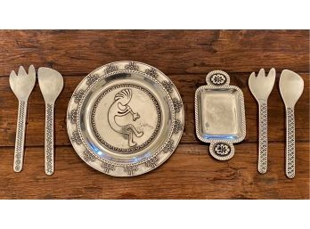 Kokopelli Wilton Armetale Metal Platter And Serving Utensils And Small Metal Tray With Ceramic Floral Accents