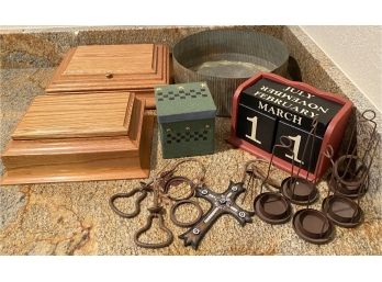 Lot Of Misc Home Decor Incl. Perpetual Calendar And Wooden Jewelry Boxes