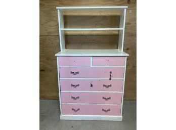 Solid Wood White And Pink Chest Of Drawers With 2 Shelves Attached