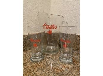 Coors Pitcher And 2 Beer Glasses