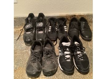 Five Pairs Of Black  Of Womans Shoes Including Keens, Asicics, Reeboks.