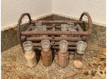 Wood Spice Basket With Glass Spice Bottles