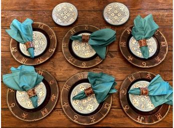 Set Of World Market Plates On Cowboy Living Ranch And Home Platters, Blue Cloth Napkins, And Napkin Rings