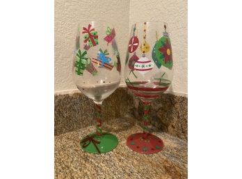 Lot Of 2 Christmas Wine Glasses
