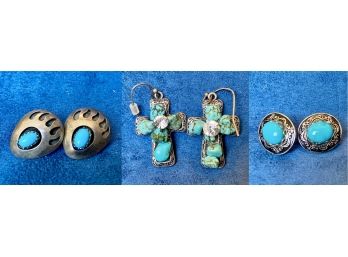 Three Silver Tone And Turquoise Colored Earrings