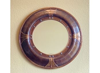 Very Large Round Bronze Colored Textured Mirror With Metal Daisy Accents 35 Inches Across