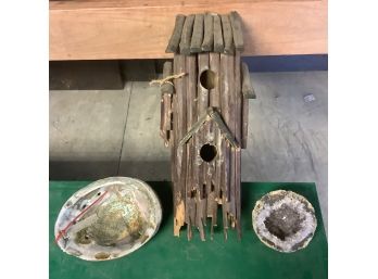 Beautiful Home Decor Items Including Birdhouse And Geode