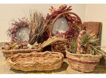 Lot Of Baskets, Wreaths And Faux Grass
