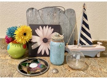 Lot Of Misc Home Decor Incl. Sailboat Floral Metal Wall Hanging, Crate And Barrel Vase