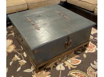 Steel Blue Coffee Table With Trunk Like Storage And Antique Hardware