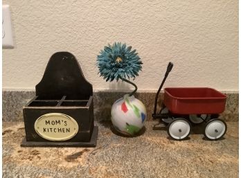 3 Beautiful Decor Items Including Miniature Red Wagon
