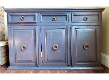 Rustic Steel Blue Media Cabinet With Heavy Round Metal Pulls, Three Drawers, And Long Shelves