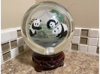Asian Panda Bears Reverse Hand Painted Solid Glass Globe With Stand