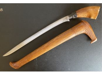 Vintage Dagger With Hand Carved Handle And Sheath