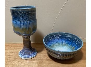 Blue Glazed Stoneware Pottery Chalice & Bowl- Signed
